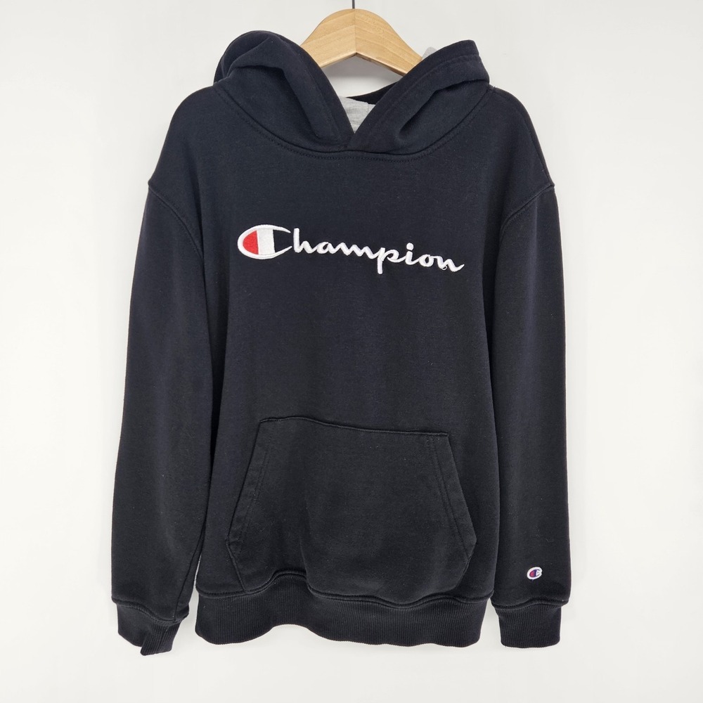Champion Hoodie Kids S 7/8 Black Script Logo Fleece Pullover Sweatshirt‎ Active